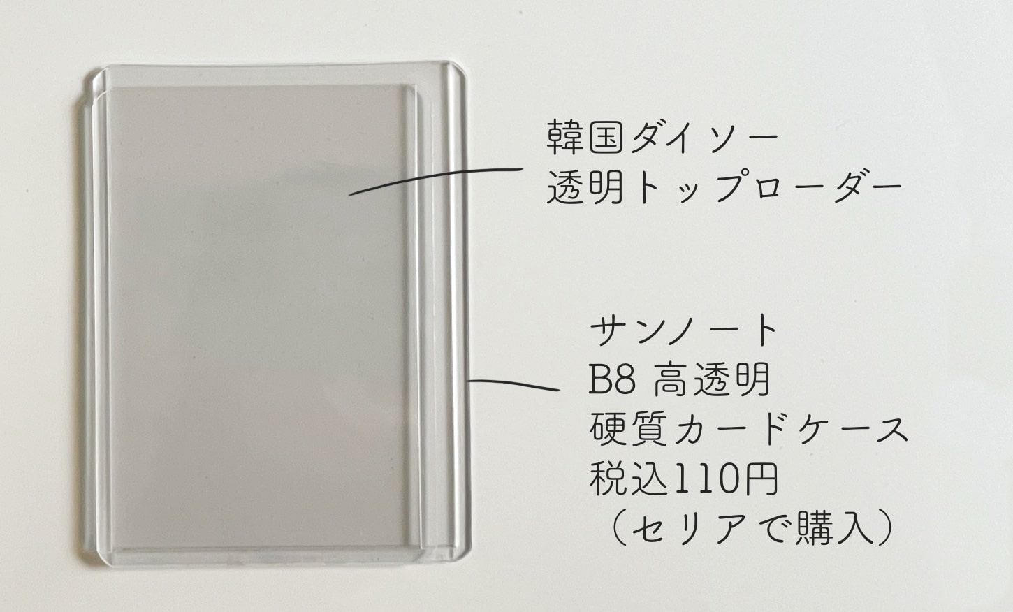 韓国ダイソーの硬質ケースと「サンノート B8高透明硬質カードケース」を重ねて比較した画像